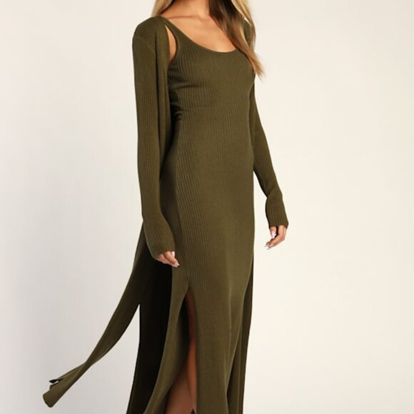 Lulus Layer Lover Olive Ribbed Knit Two-piece Dress & Cardigan Set Green - Picture 1 of 5